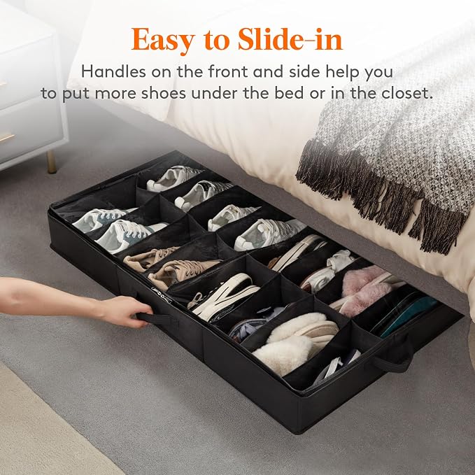 Lifewit Under Bed Shoe Storage Organizer 2 Pack(16 Shoes Cells+4 Boots Cells), 4.3 Inches Profile Fabric Shoes Container Box with Clear Cover, Foldable Storage Bag with 2 Handles, Fits 24 to 40 Pairs