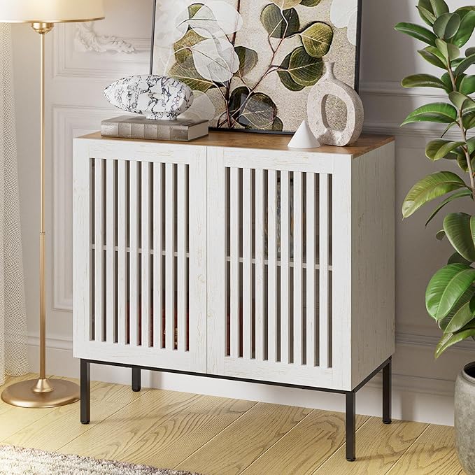 31.5" Farmhouse Buffet Cabinet with Metal Base, Adjustable Shelf & 2 Doors, Antique White Storage Sideboard for Kitchen, Dining & Living Room