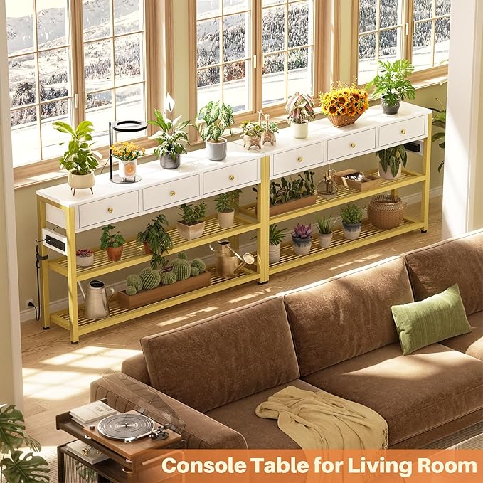 Ecoprsio 47'' Entryway Table with Outlets and USB Ports, Console Table with 3 Drawers, Sofa Table Narrow Long with Storage Shelves for Living Room, Couch, Hallway, Foyer, White and Golden