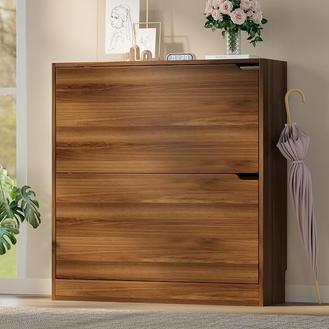 BORNOON Shoe Cabinet with 2 Flip Drawers, Slim Narrow Shoe Storage Cabinet, Freestanding Shoe Organizer with Adjustable & Removable Shelves, Top Display Shelf for Entryway, Hallway, Foyer, Closet