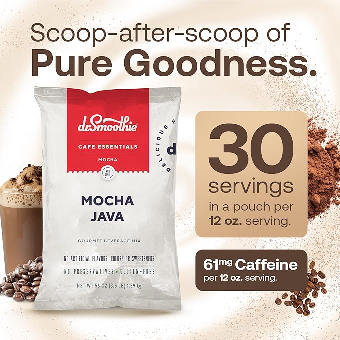 Dr. Smoothie Café Essentials Mocha Java – No Artificial Colors, Flavors, or Sweeteners – Shelf Stable – 61mg of Caffeine per Serving – Great for Hot, Iced, & Frozen Frappes (3.5 lb Bag, 30 Servings)