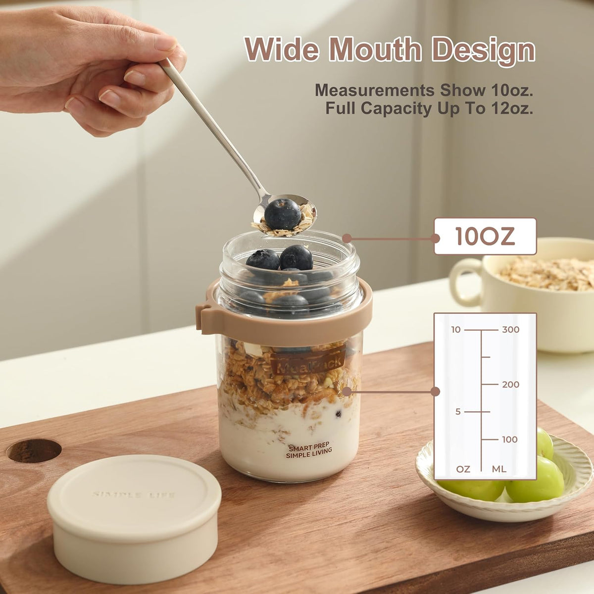 Overnight Oats Containers with Lids and Spoons (4 Pack) – 12oz Glass Jars for Yogurt Meal Prep, Chia Pudding & Snacks – Leakproof Airtight Mason Jar Set – Portable Food Storage with Cleaning Brush