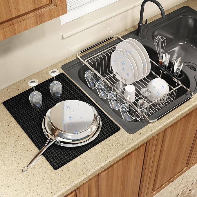 MAJALiS Dish Drying Rack Over The Sink with Utensil Holder, Mat | Expandable Stainless Steel Dish Drainer for Small Kitchen, Apartment, RV, Counter Space Saving, Perfect Fit, Rustproof