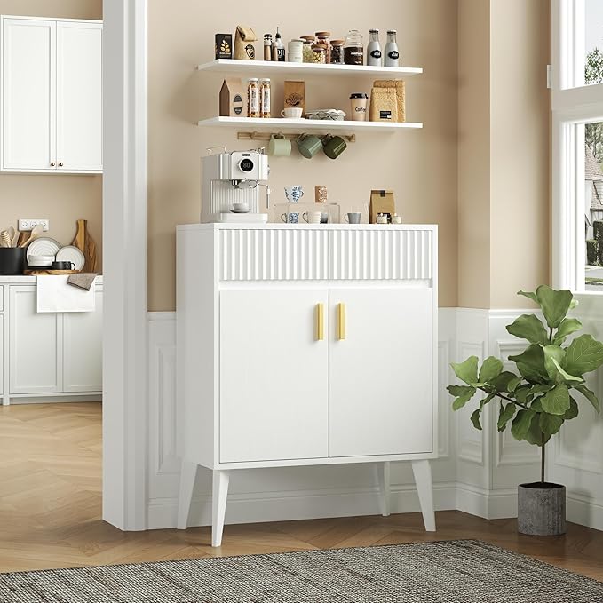 Sideboard Storage Cabinet with 2 Drawers & 2 Doors, Fluted Kitchen Buffet Cabinet with Adjustable Shelves, Coffee Bar Station for Living Room, Entryway, 13.8 x 27.6 x 35.6 Inches, White