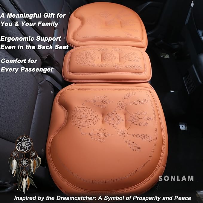 Comfort Dreamcatcher Car Seat Cushion Non-Slip - Relaxing, Optimal Support & Posture for Long Drive (Front Seats (Cognac Brown))
