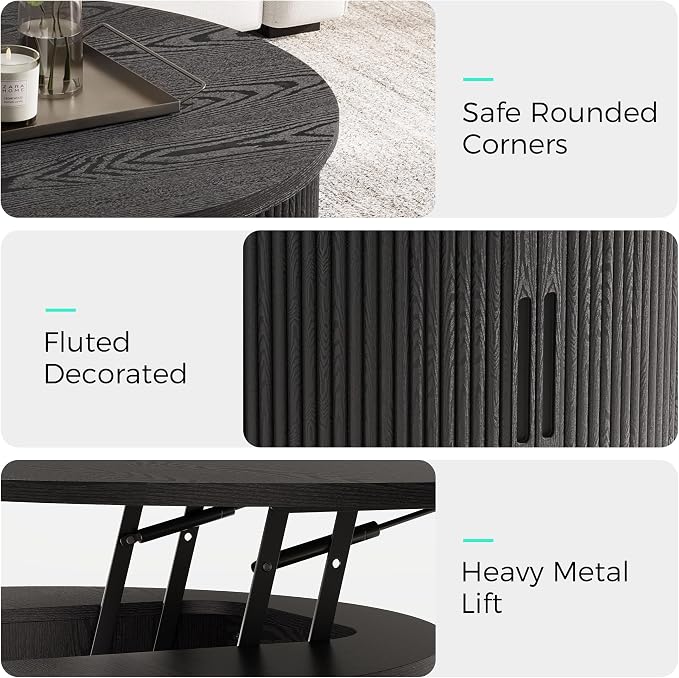 LINSY Lift Top Coffee Table, Round Fluted Coffee Table with Storage, Mid Century Modern Wooden Coffee Tables with Sliding Tambour Door, 31.5" Center Table for Living Room, Office, Small Space, Walnut