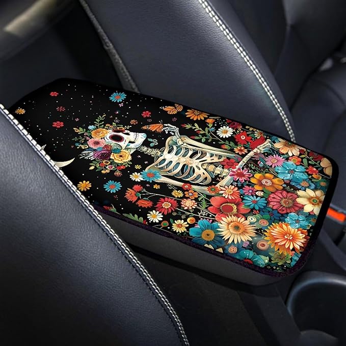 Floral Skull Car Center Console Cushion Pad for Women Gothic Skeleton Armrest Seat Box Cover Dustproof Auto Armrest Cover Protector Sugar Skeleton Cars Interior Accessories