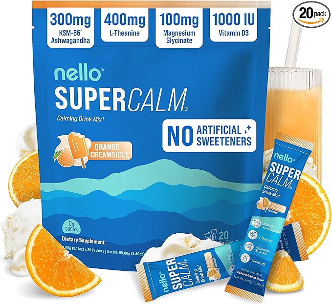 Nello Supercalm Powdered Drink Mix, Cortisol Reducer* and Sleep Aid Supplement, L Theanine, Ksm-66 Ashwagandha, Magnesium Glycinate, Vitamin D 3, No Sugar, Non GMO, On The Go, 20 Ct, Orange Creamsicle