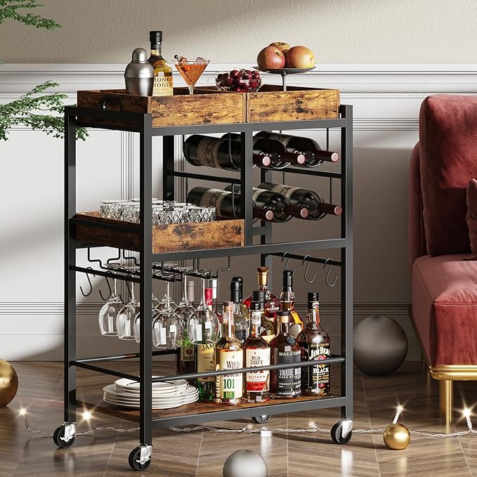 TUTOTAK Bar Cart, Home Bar Serving Cart, 3-Tier Kitchen Cart on Wheels, Rolling Beverage Cart with Wine Rack and Glass Holder, Brown BC01BB037