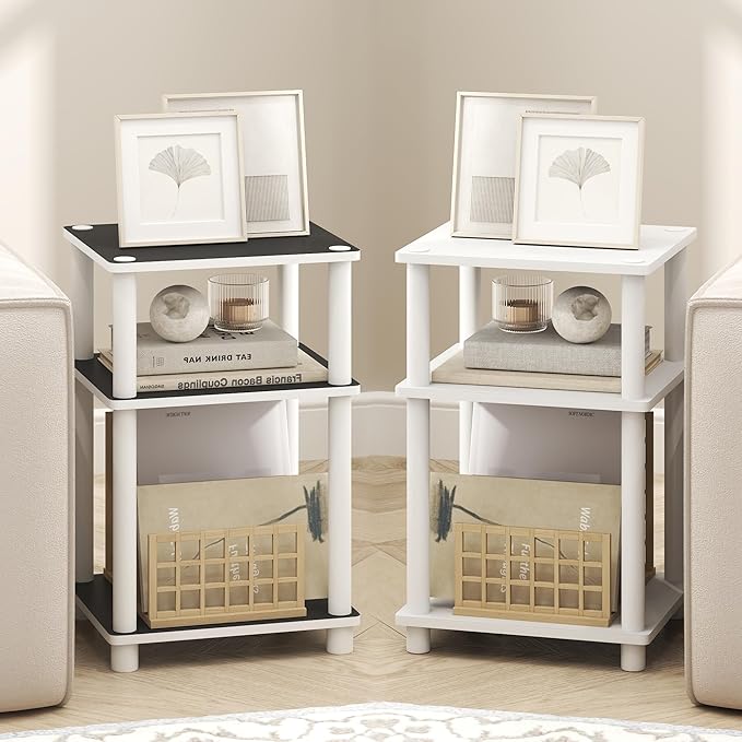 Furinno Turn-N-Tube Side Table, 3-Tier End Table with Open Shelf, Toolless Assembly Night Stand, Bedside Table, for Living Room, Bedroom, White Espresso