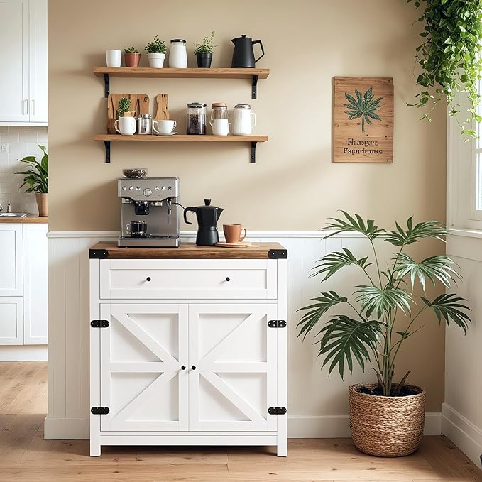 YESHOMY Coffee Bar and Accent Cabinet, Farmhouse Barn Door Buffet Sideboard with Drawer and Adjustable Shelf, Wide Desktop for Kitchen, Dining Room, Bathroom, Entryway, White＆Rustic
