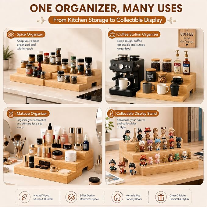 Expandable 3-Tier Wooden Can Organizer for Pantry, Adjustable Shelf Holds 24 Cans, Storage Rack for Cabinet & Countertop, Space Saving Pantry Organizer for Small Kitchens and Apartments