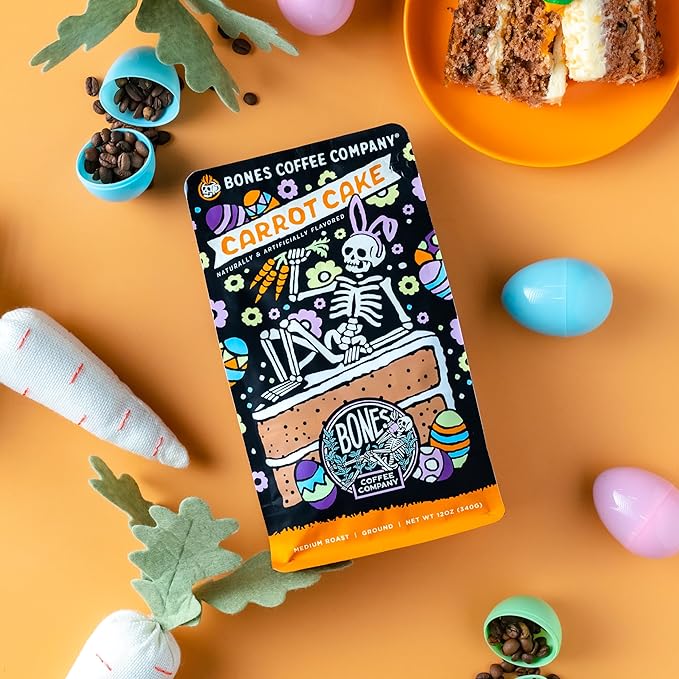 Bones Coffee Company Carrot Cake with Sweet Cream Cheese Flavored Coffee, Medium Roast Low Acid Arabica Beans Compatible with Auto drip and French Press Coffee Maker, 12 Oz Ground