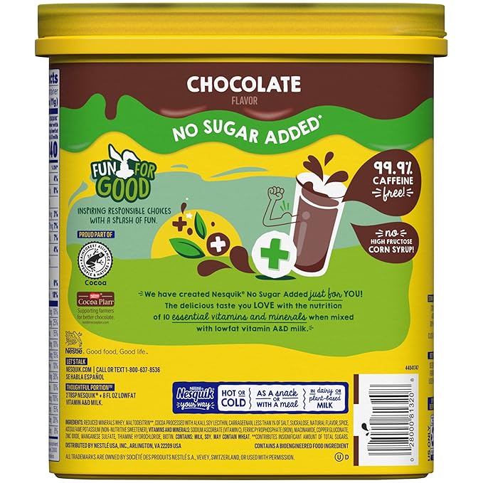 NESTLE NESQUIK No Sugar Added Chocolate Flavored Powder 16 oz. Canister (Pack of 2)