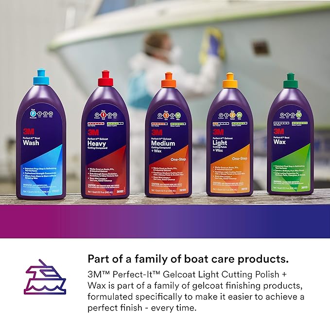 3M Perfect-It Gelcoat Light Cutting Polish + Wax, 36110, 1 Quart, One-Step Process, Removes Scratches and Swirls, Light Oxidation Remover for Boats and RVs