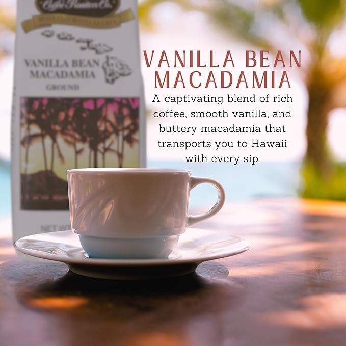 Hawaiian Isles Coffee Vanilla Bean Macadamia Flavored, Light Roast Ground Coffee, Roasted with Aloha - 24 Ounce Bag