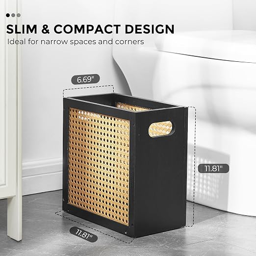TIOPGHAD Small-Wicker-Waste-Basket-Trash-Can 3 Gallon/11.6 L Bamboo Mini Rattan Wastebasket Garbage Can Trashcan Wood Trash bin for Bathroom Office Living Room(Black&Oak)