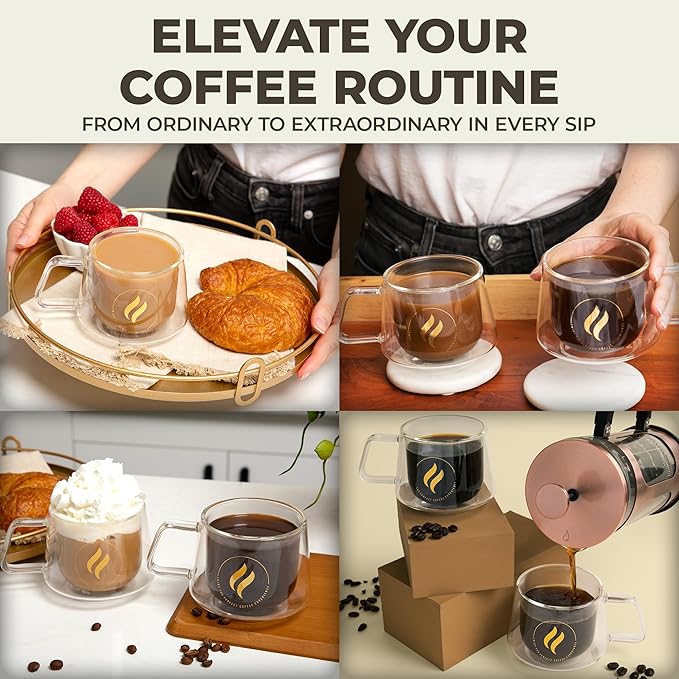 GLORAMA Double Walled Glass Coffee Mugs - 10oz Coffee Mugs for Tea, Espresso, & Cappuccino - Freezer & Microwave Safe Coffee Mugs Set of 2
