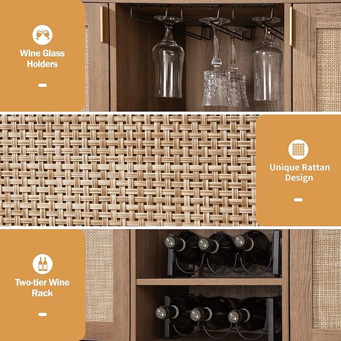 SICOTAS Rattan Coffee Bar Cabinet, 102" Farmhouse Sideboard Buffet Cabinet with Storage, Boho Liquor Wine Cabinet Set of 2 Credenza Console Buffet Table for Home Living Dining Room Entryway, Natural