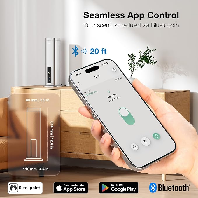 Airversa Waterless Diffuser, Smart Tower Diffuser with App Control, Cold Air Scent Diffuser Oil Machine for Homes Offices Hotels, 300mL Capacity, Up to1500 sq ft, DC-12V/1A Plug, RDX Silver Kit