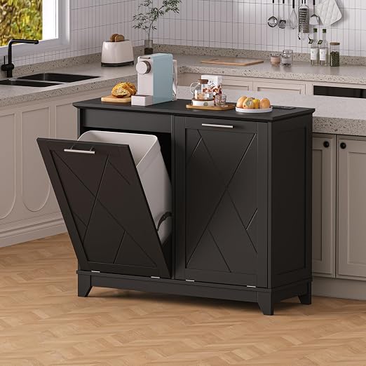 Double Tilt Out Trash Can Cabinet with Charging Station, Negative Ion Odor Control, Hidden Dual 10-Gallon Recycling Cabinet, Dog Proof Garbage Can for Kitchen, Laundry, Dining Room,Black