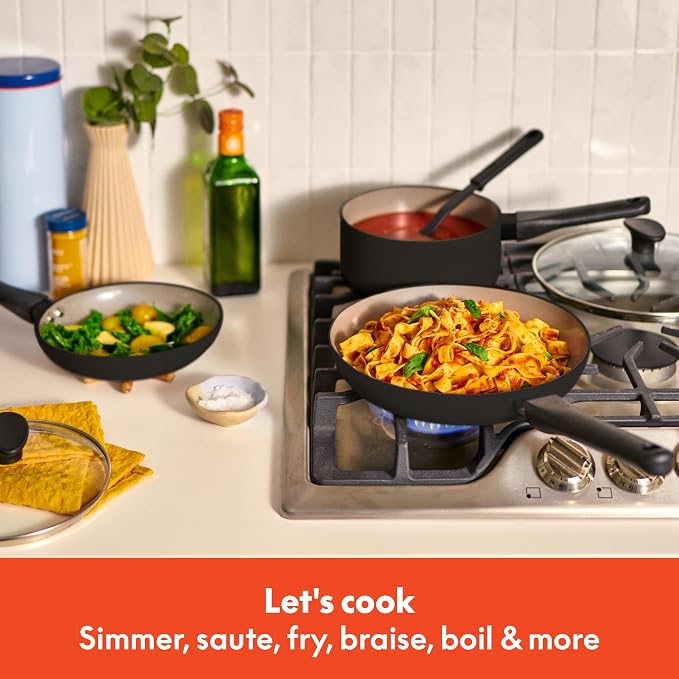 bella 12 Piece Cookware Set with EverGood™ Ceramic Nonstick Coating, Dishwasher & Oven Safe, All Stovetops Compatible, Tempered Glass Lids and Cool Touch Handles, Black