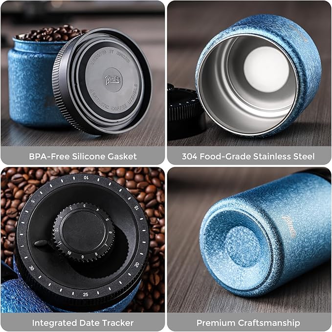 Bincoo Coffee Canister, Large Stainless Steel Coffee Bean Storage Container with Date Tracker, One-Touch Vacuum Seal Coffee Canister, Airtight Food Storage Container Freshness Kit for Coffee Beans