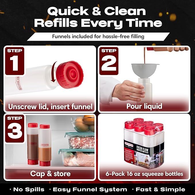 Chef Master 16 Oz. Squeeze Bottles for Sauces (6-Pack) - FIFO, Inverted - Condiment Squeeze Bottles for Liquids, Sauces, Batter & Dressing - Fill & Flip, Refillable - For Restaurants & Diners - 90290