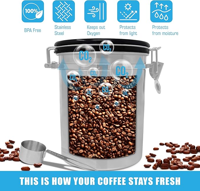 Zulay (Large) Airtight Coffee Canister - Stainless Steel Coffee Storage Canister with Scoop - Features Include a Date Tracker, Built-In One-Way CO2 Valve & 2 Spare Filter Replacements
