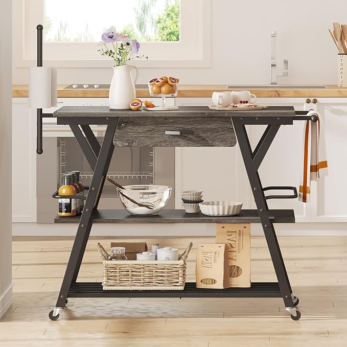 Bestier Coffee Cart Station, 48" W Coffee Bar Table with Storage Drawer, Mobile Kitchen Island on Lockable Wheels, Coffee Bar Cart with Paper & Towel Holder for Dinning Room Living Room, Gray