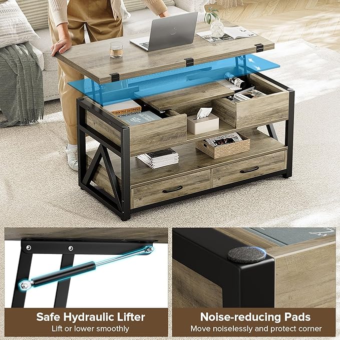 Memobarco 40" Lift Top Coffee Table,4 in 1 Multi-Function Lift Coffee Tables with Storage Drawers and Hidden Compartmen,Farmhouse Coffee Table with Lifting top for Living Room,Grey