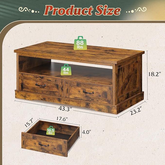 WLIVE Coffee Table for Living Room, 43" Framhouse Coffee Table with 2 Storage Drawers, Modern Center Table with Open Display Area, Elegant Curved Base, Rustic Brown