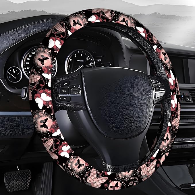 Steering Wheel Covers for Car, Truck, and SUV, Cute Non-Slip Breathable Elastic Steering Wheel, Car Accessories, Universal 15 Inch Leather Cover for Men Women Butterfly Hearts