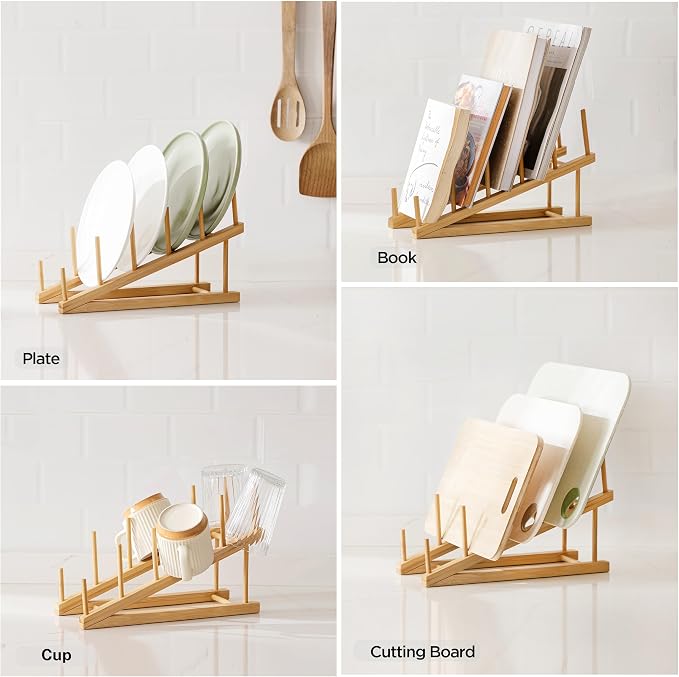 HBlife Bamboo Wooden Dish Drying Rack, 1 PCS Plate/Dish/Book/File/Bowl/Cup/Cutting Board/Pot Lid Organizer for Kitchen Counter, Office, Display Cabinet