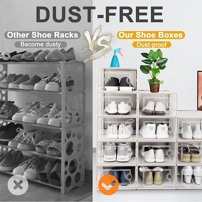 Kuject 12 Pack Large Shoe Boxes, Clear Stackable Containers with Lids,White | Shoe organizers for closet & entryway, under-bed,Drop-front design fits women's size 10