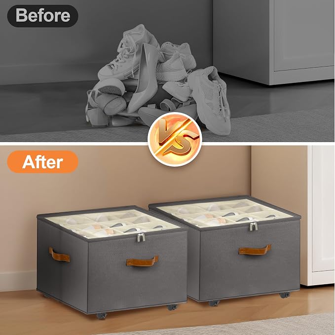 Foyego Shoe Organizer for Closet, Shoe Storage Organizer with Wheels and Adjustable Dividers, Stackable Shoe Storage Box with Clear Cover, Foldable Closet Shoe Organizer Fits up to 16-32 Pairs, Gray