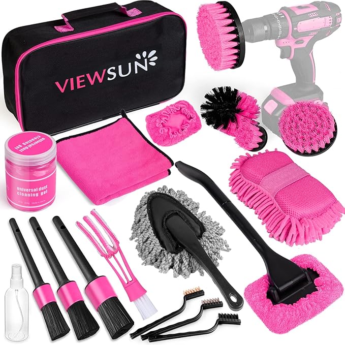 Viewsun 37pcs Car Cleaning Kit, Pink Car Interior Detailing Kit with High Power Handheld Vacuum, Detailing Brush Set, Windshield Cleaner, Cleaning Gel, Complete Car Cleaning Supplies for Women