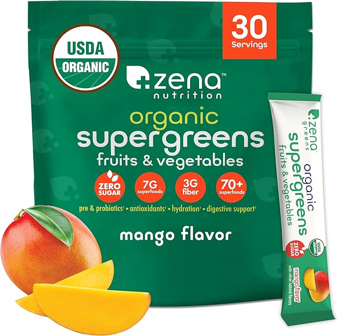 Zena Nutrition Organic Super Greens Powder, 70+ Superfoods, 0 Sugar, 3G Fiber, Spirulina, Chlorella, Mushrooms, Prebiotics/Probiotics, Digestive Enzymes for Gut Health, Mango, 30 Drink Mix Packets
