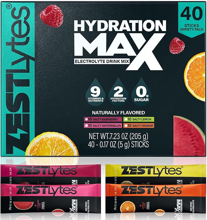 40 Sticks Salty Fruit Flavor Sugar Free Electrolyte Hydration Packets, Electrolyte Powder Drink Mix, Liquid Daily IV Flavors | 9 Vitamins & Nutrients | 2 Hydration Factors