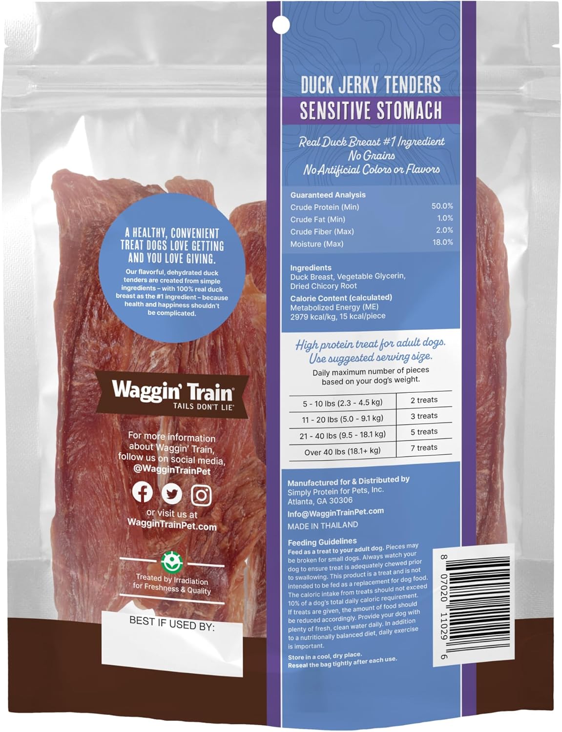 Waggin' Train Duck Jerky Dog Treats for Dogs with Sensitive Stomachs, Made with 100% Real Duck Breasts, Three All-Natural Ingredients, High Protein Dog Treat, Easily Digestible for Dogs, 36 oz. Pouch