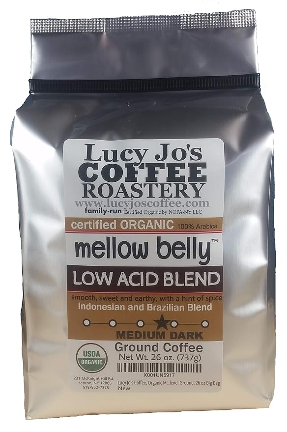 Lucy Jo's Coffee, Organic Mellow Belly Low Acid Blend, Medium Dark Roast, Ground, 26 Oz