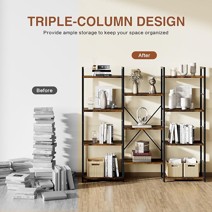 Shintenchi Triple Column 4 Tier Bookshelf, Industrial Large Bookcase Display Shelves, Large Etagere Bookshelf,Wide Book Shelf Book Case for Home & Office, Rustic Brown