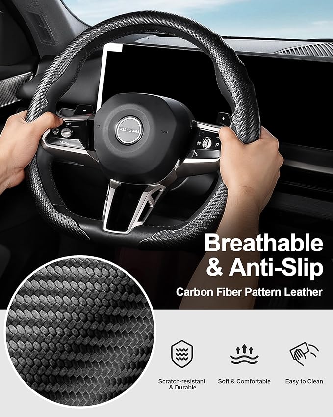 West Llama Flat Bottom Car Steering Wheel Cover,D-Shaped Carbon Fiber Steering Wheel Wrap,Universal 14.5-15 Inch,Fit Cars,SUVs,Trucks(Black-D-Shaped)