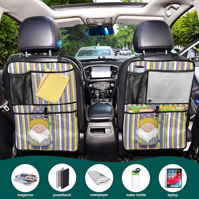 1 Pack Back Seat Car Organizer with Storage Pockets Kick Mats Back Seat Protector Hanging Car Organizer Automotive Seat Back Cover Organizers Stripe Mardi Gras Gnome