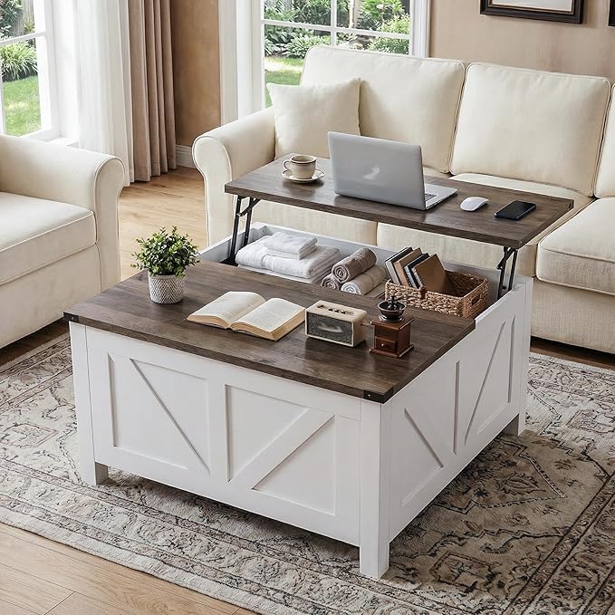 35” Farmhouse Coffee Table with Large Storage, Rustic Wood Lift Top Coffee Table for Living Room, Square Center Table with Charging Station&USB, Modern Port Pottery Barn Lift top Table