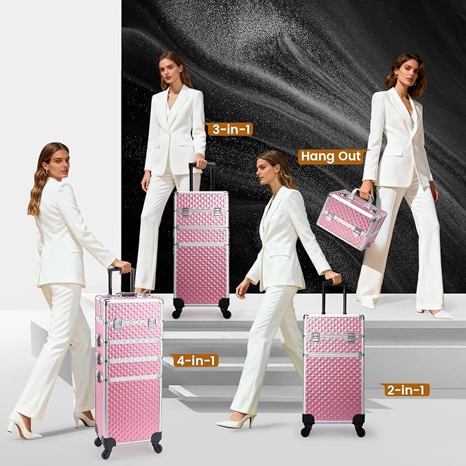 Stagiant Rolling Makeup Train Case Cosmetology Case on Wheels 4 in 1 Large Cosmetic Organizer Box Makeup Travel Case with Key Swivel Wheels Nail Artist Salon Storage Traveling Cart Big Trunk Pink