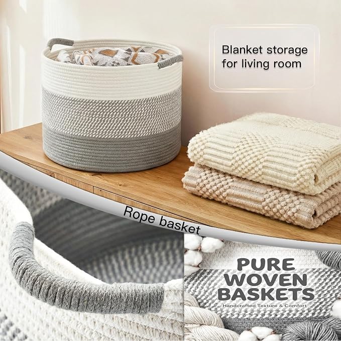Artfeel 40L Large Cotton Rope Basket, Decorative Woven Blanket Storage for Living Room, Boho Toy Storage & Toy Box for Kids, Versatile Laundry Basket & Nursery Hamper for Blankets(Gery)