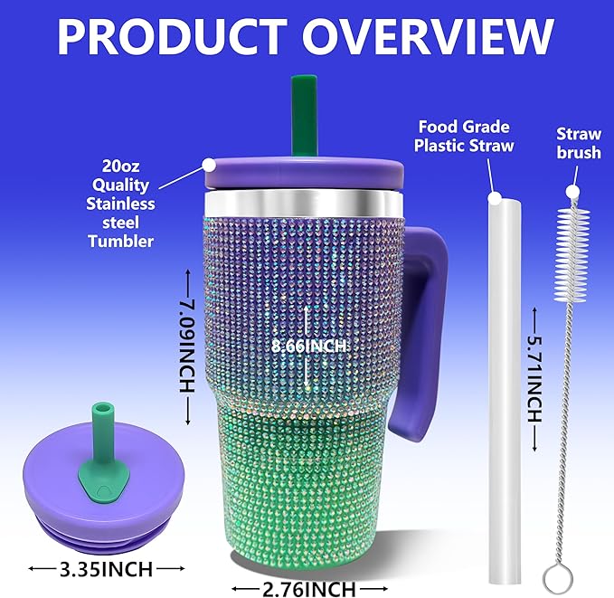 20-OZ Insulated Water Bottle,Insulated Stainless Steel Tumbler,Reusable Cold Drink Thermos,BPA-Free, Double-Wall Stainless Steel Water Bottle (Purple Green Gradient-Diamond, 20, Fluid Ounces)