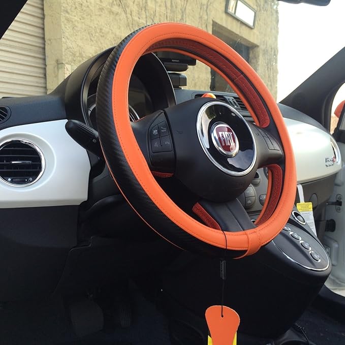 Jdragon Orange & Carbon Fiber Style PVC Leather Slip-On Steering Wheel Cover 14.25-15" Diameter