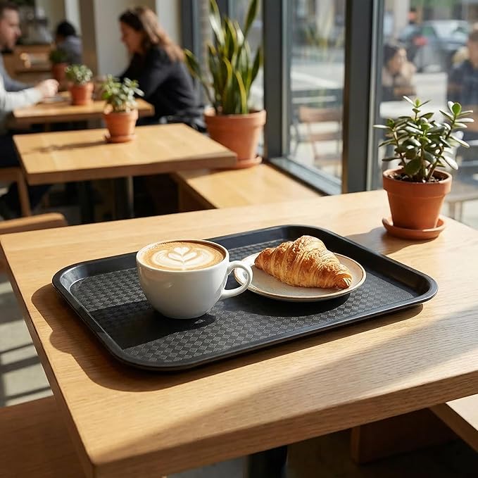 Yarlung 12 Pack Fast Food Tray, 13.7 x 10.5 Inch Plastic Restaurant Serving Tray Cafeteria Trays for Coffee Table, Kitchen, Party, Black